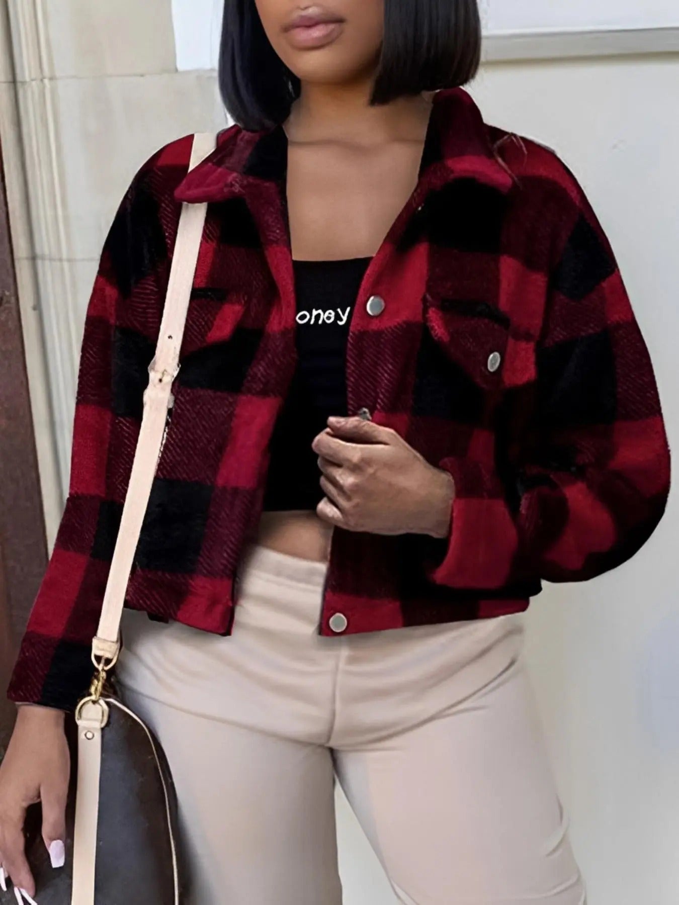 Women'WB shield Plaid Print Button Front Drop Shoulder Coat, Casual Flap Detail Long Sleeve Collared Outerwear For Fall &...
