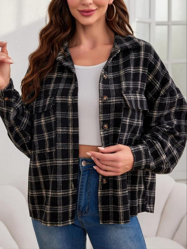 Women'WB shield Plaid Print Button Front Pocket Drop Shoulder Coat, Casual Long Sleeve Collar Outerwear for Fall &...