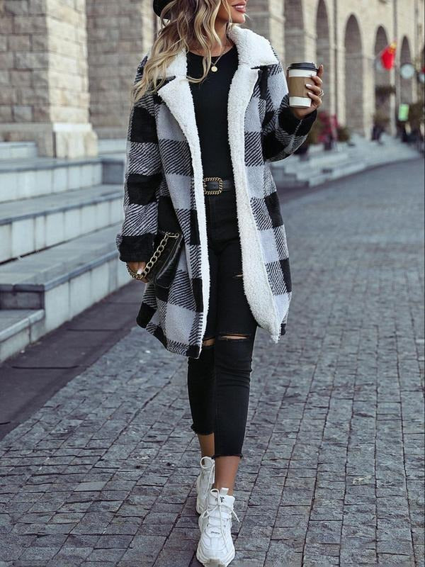 Women'WB shield Plaid Print Drop Shoulder TNF Lined Open Front Long Coat, Casual Collared Long Sleeve Outerwear For Fall...