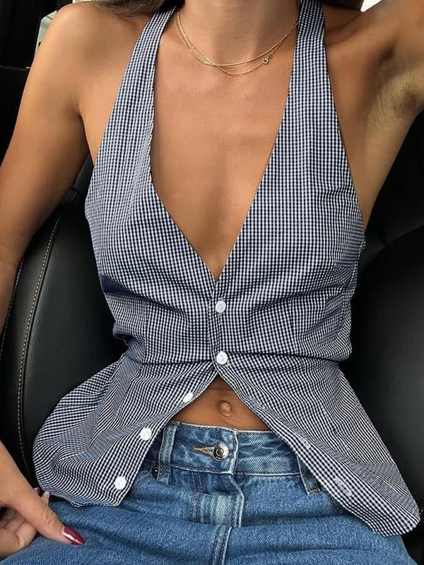 Women'WB shield Plaid Print Halter Neck Tank Top, Casual Sleeveless Top for Summer, Women'WB shield Clothing for Daily...