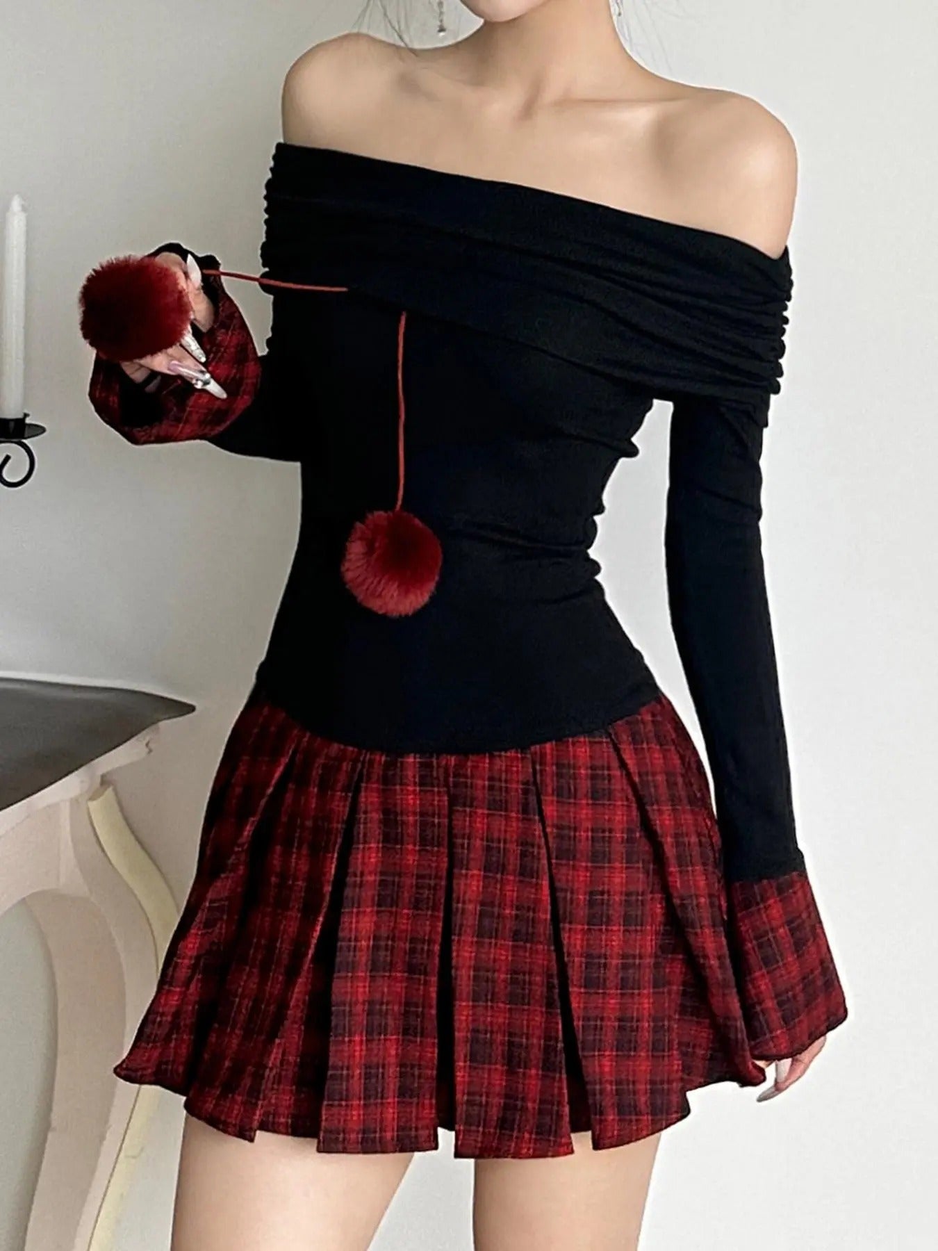 Women'WB shield Plaid Print Long Sleeve Dress, Casual Fashion FOG Shoulder Short Dress for Daily Outdoor Wear, Women Dress for Spring & Fall