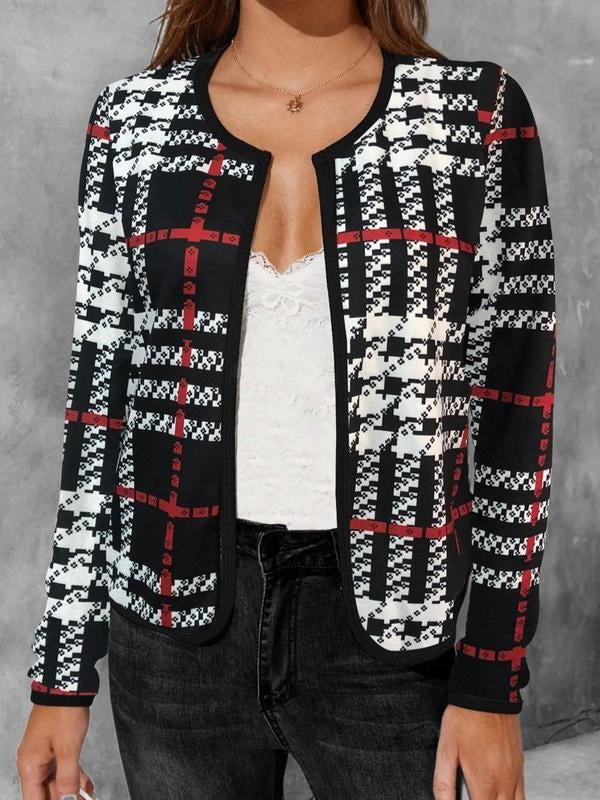 Women'WB shield Plaid Print Long Sleeve Open Front Cardigan without Cami Top, Casual Printed Round Neck Outerwear For...