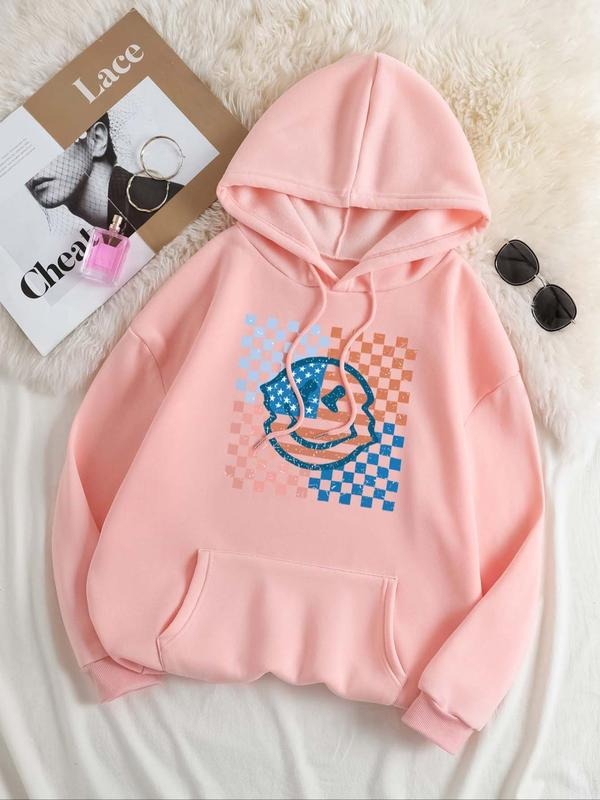 Women'WB shield Plaid Print Pocket Hoodie, Fashion Casual Long Sleeve Hooded Sweatshirt for Daily Holiday Outdoor Wear,...