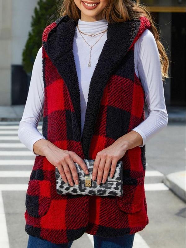 Women'WB shield Plaid Print Shawl Collar Teddy Vest Coat Without Tee, Casual Comfy Warm Open Front Outerwear For Fall &...