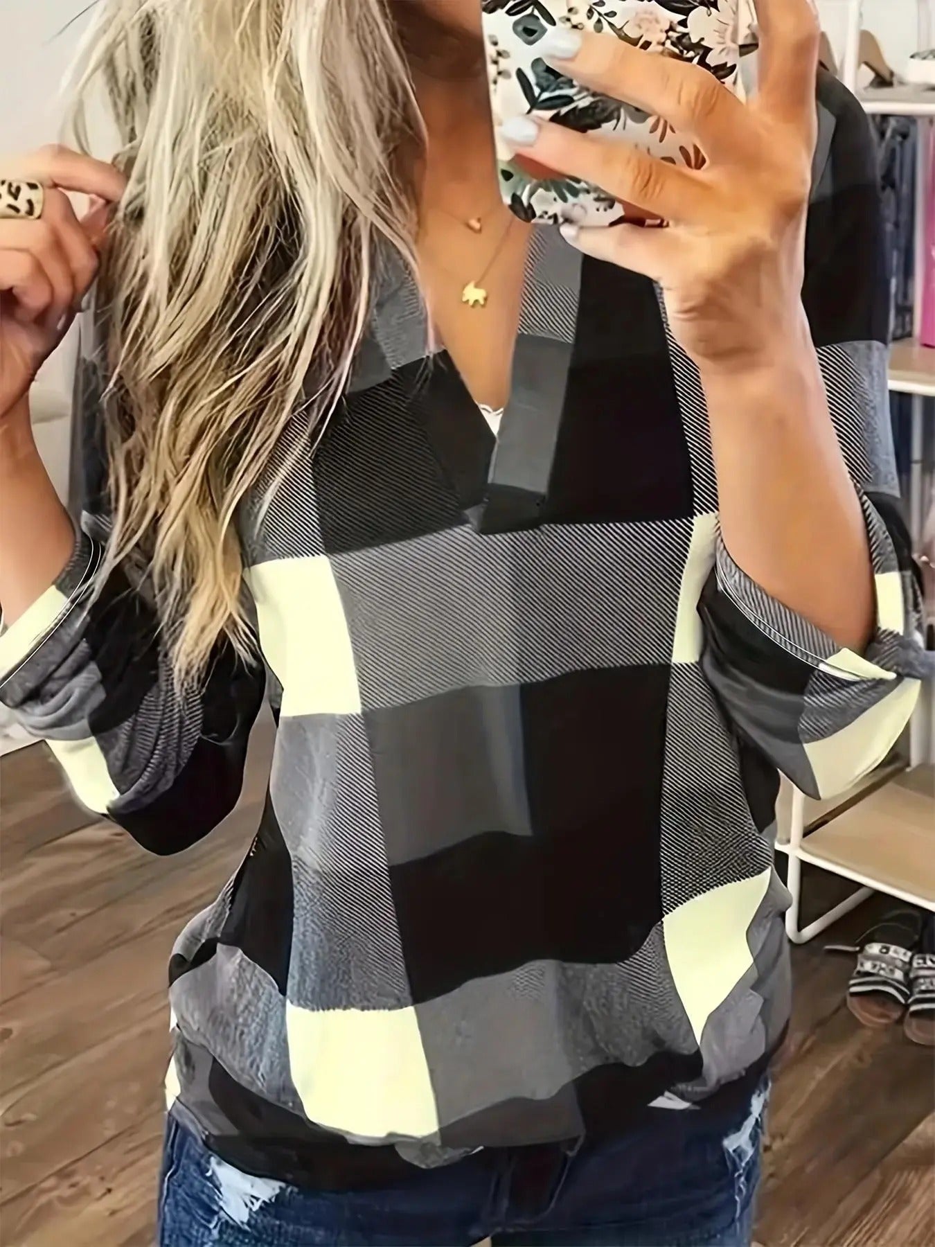 Women'WB shield Plaid Print Superhero team Neck Blouse, Casual Long Sleeve Top for Spring & Fall, Ladies TNF for Daily...