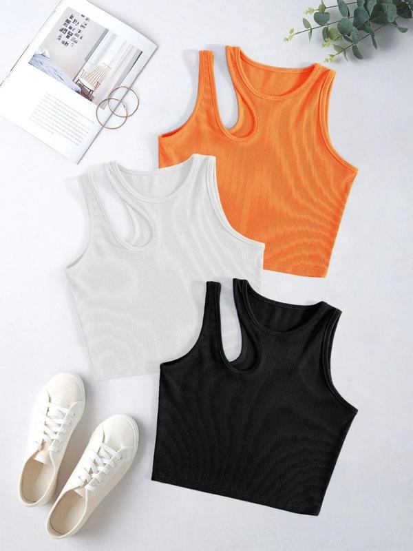 Women'WB shield Plain Asymmetrical Cut Out Round Neck Tank Top, Casual Sleeveless Top for Summer, Ladies TNF for Daily...