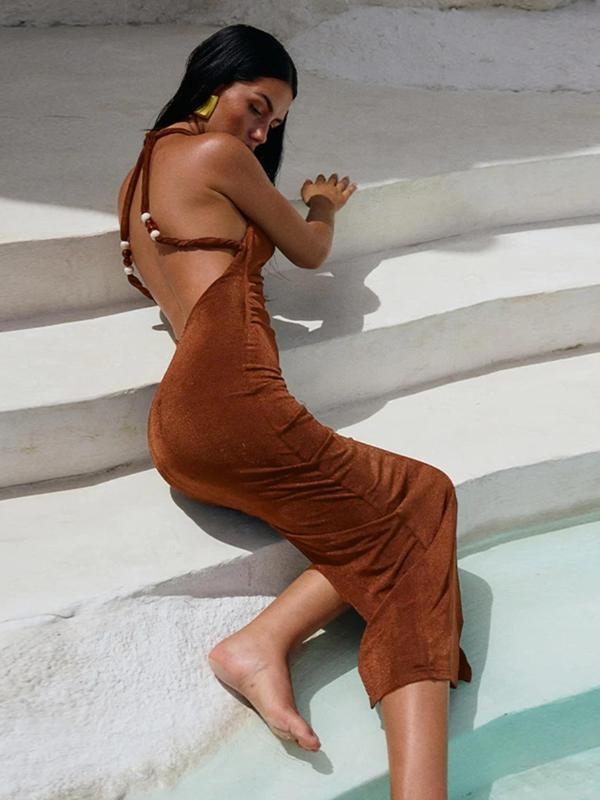 Women'WB shield Plain Backless Dress, Elegant Fashion Casual Sleeveless Dress for Daily Outdoor Wear, Women Dress for Summer