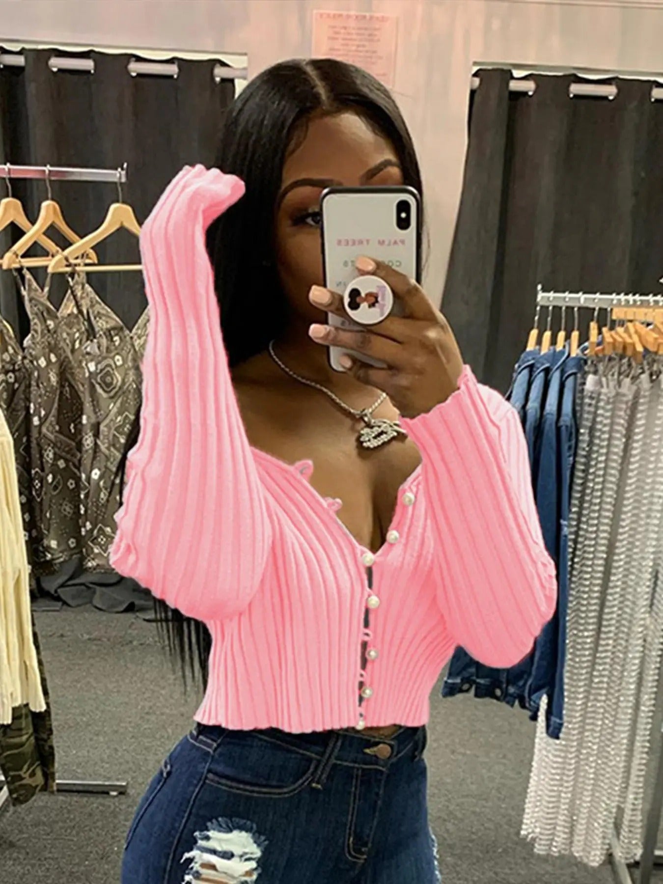 Women'WB shield Plain Button Closure Cable Knit Crop Sweater, Casual Long Sleeve Round Neck Jumper for Fall & Winter,...