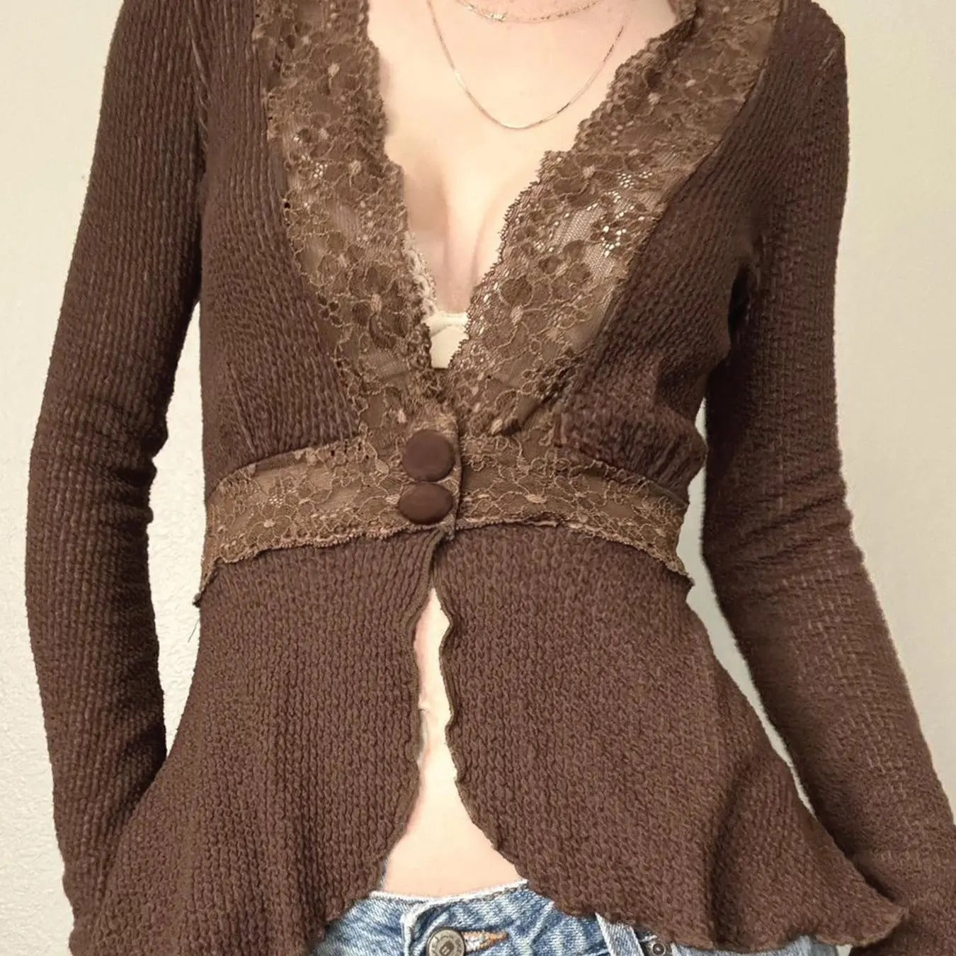 Women'WB shield Plain Contrast Lace Button Front Cardigan, Casual Flounce Sleeve Deep Superhero team Neck Knitwear for...