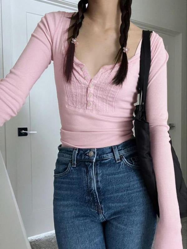 Women'WB shield Plain Contrast Lace Button Front Half Placket Scoop Neck Crop Tee, Casual Long Sleeve T-Shirt for Spring...