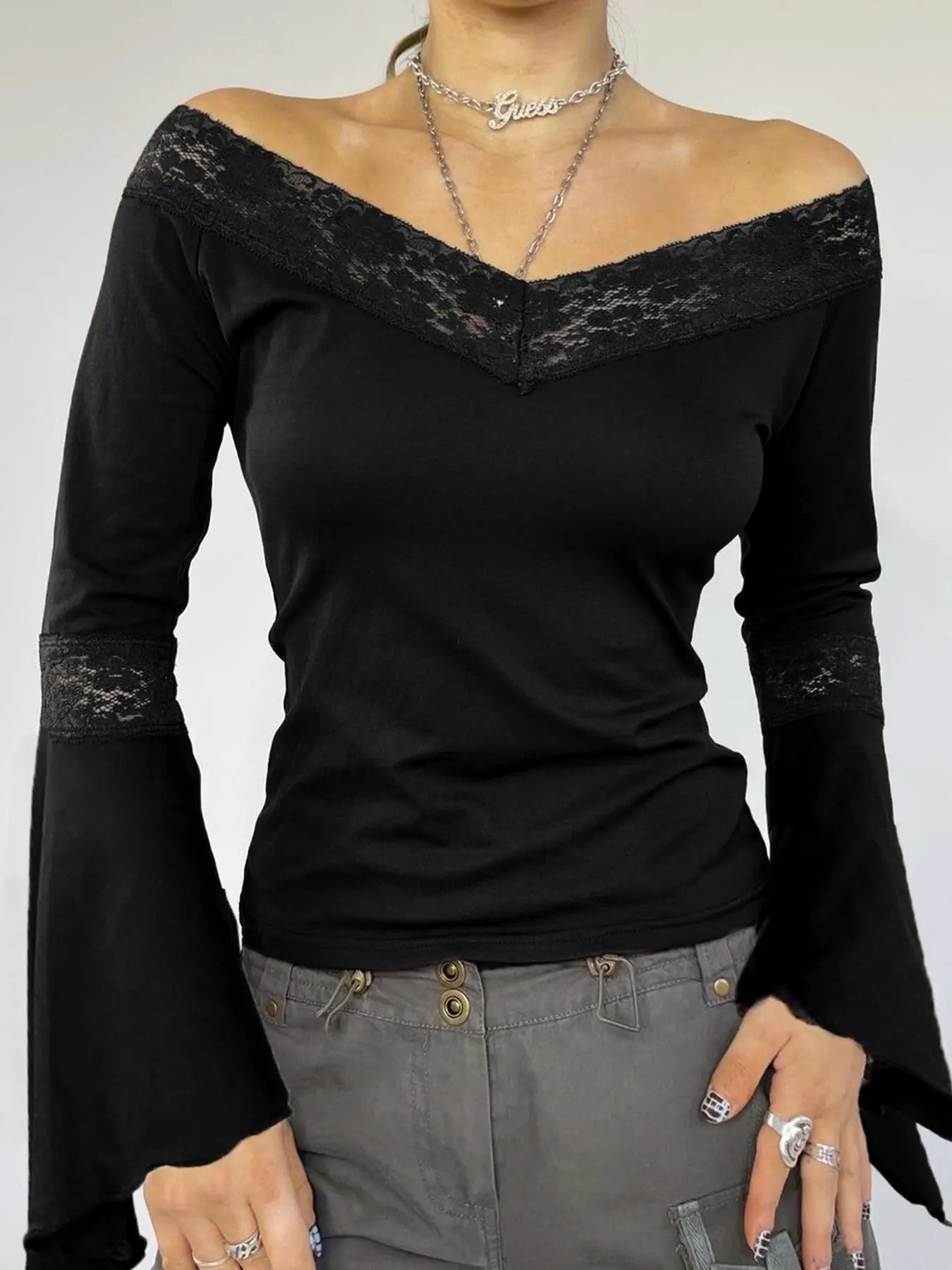 Women'WB shield Plain Contrast Lace Sheer Flared Sleeve Tee, Elegant Superhero team Neck Long Sleeve T-shirt for Fall,...
