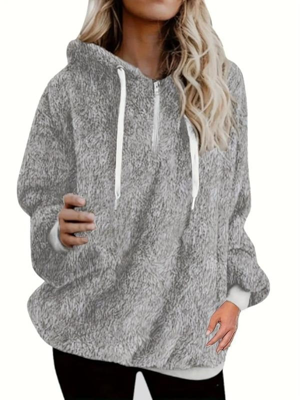 Women'WB shield Plain Drawstring Half Zip Drop Shoulder Fuzzy Hoodie, Casual Long Sleeve Hooded Top for Fall & Winter,...