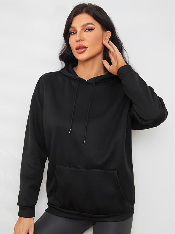 Women'WB shield Plain Drawstring Pocket Hoodie, Casual Drop Shoulder Long Sleeve Hooded Sweatshirt, Ladies Fall & Winter...