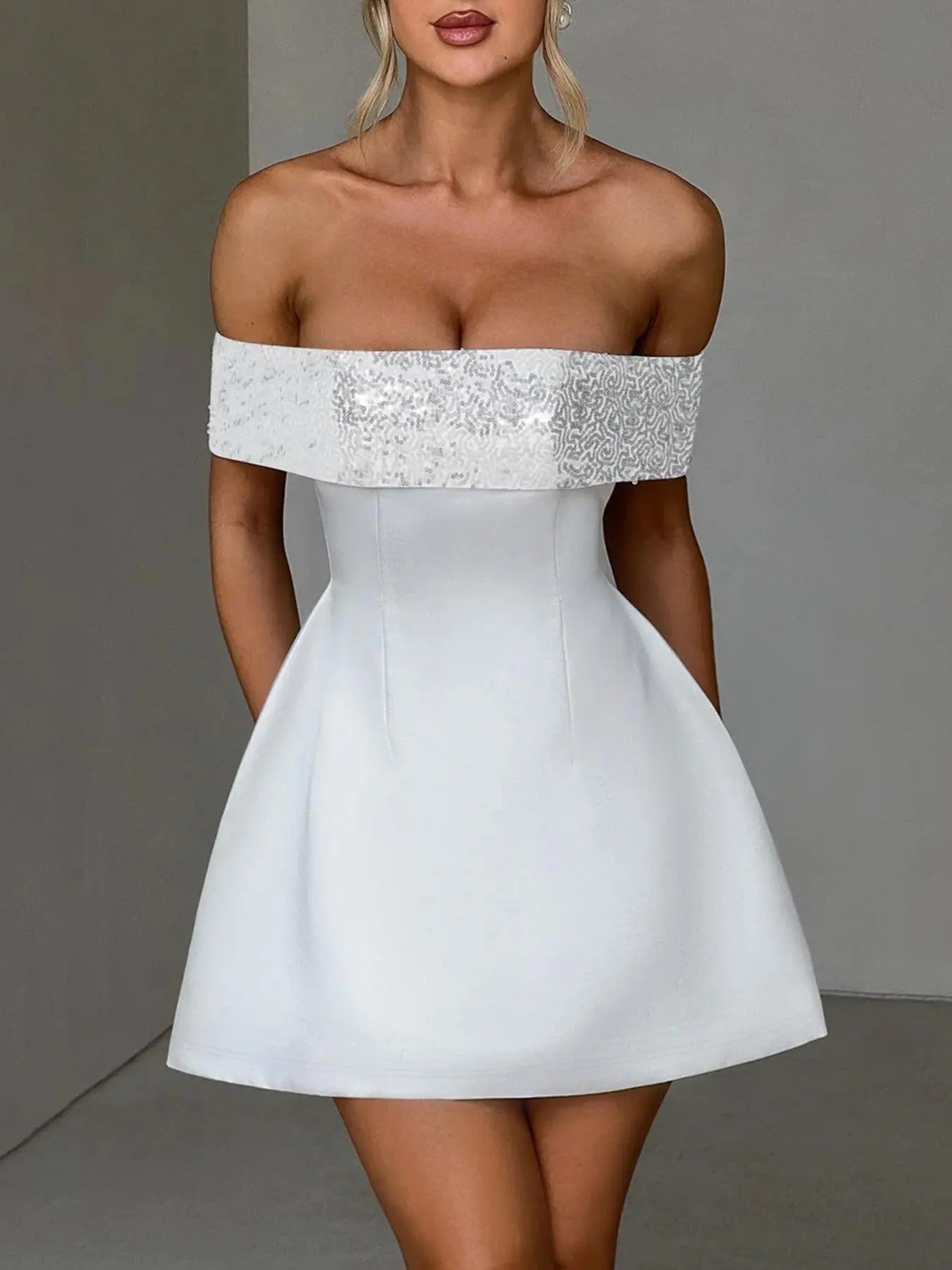 Women'WB shield Plain FOG Shoulder Dress, Elegant Fashion Short Dress for Party Club Dating Wear, Women Dress for Summer