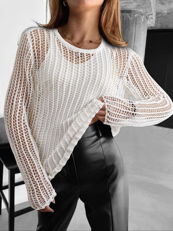 Women'WB shield Plain Hollow Out Sweater, Casual Long Sleeve Jumper for Summer, Fashion Women'WB shield Knitwear for...