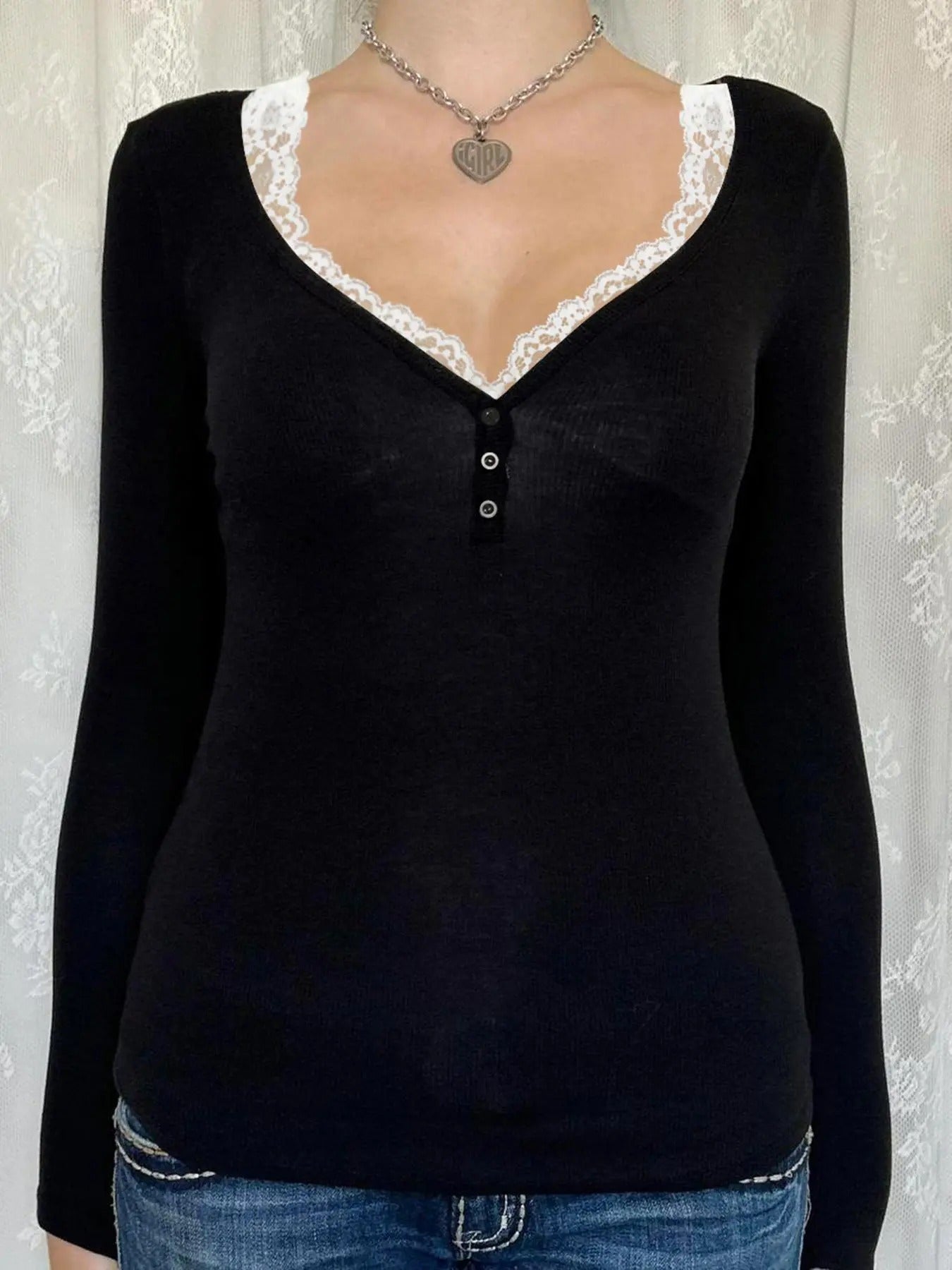 Women'WB shield Plain Lace Trim Tee, Casual Long Sleeve T-shirt for Fall & Winter, Women'WB shield Clothing for Daily...