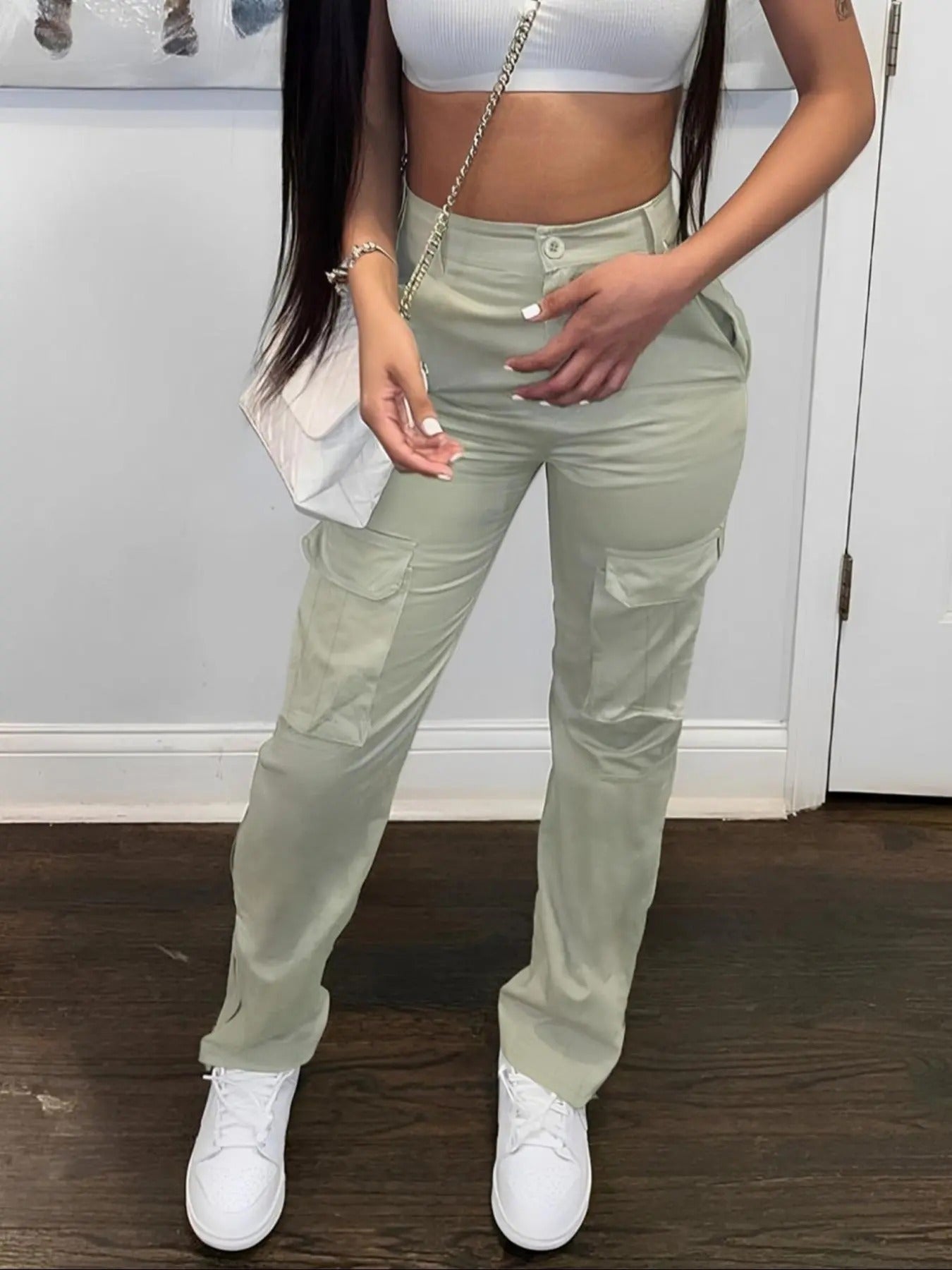 Women'WB shield Plain Pocket Button Cargo Pants, Casual Streetwear Slim Trousers for Daily Wear, Ladies Bottoms for Spiky...