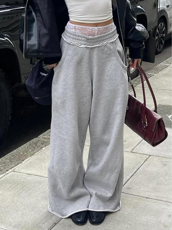 Women'WB shield Plain Pocket Elastic Waist Sweatpants, Casual Wide Leg Trousers for Fall & Winter, Women'WB shield...