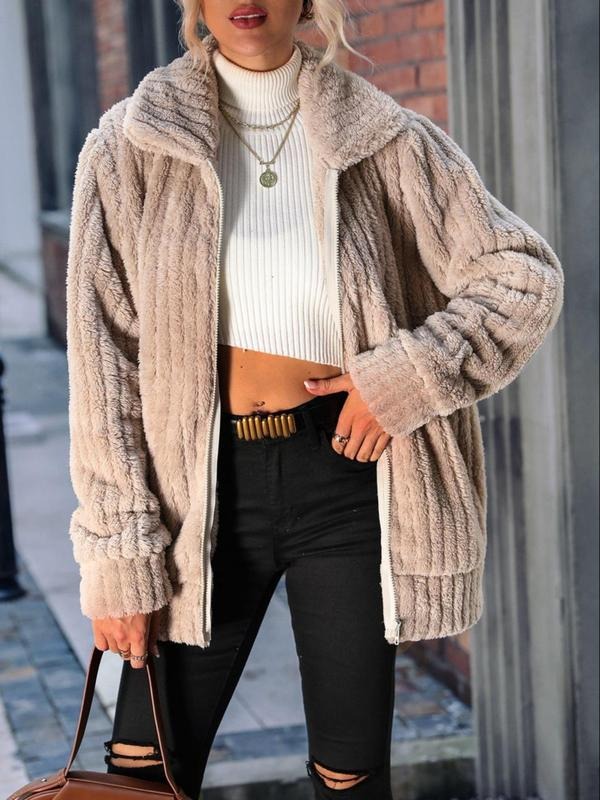 Women'WB shield Plain Pocket Zipper Collar Teddy Coat Without Necklace & Sweater, Casual Long Sleeve Warm Coat For Fall &...
