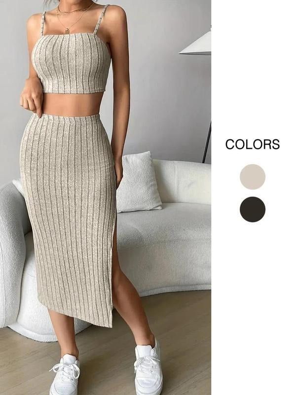 Women'WB shield Plain Ribbed Co-ord Set, Casual Crop Cami Top & Split Thigh Bodycon Skirt Set, Two Straw hat pirates...