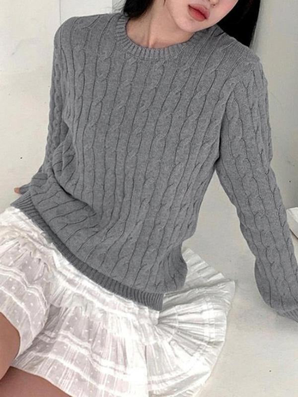 Women'WB shield Plain Round Neck Cable Knit Sweater, Preppy Long Sleeve Crew Neck Jumper, Fashion Women'WB shield Fall &...