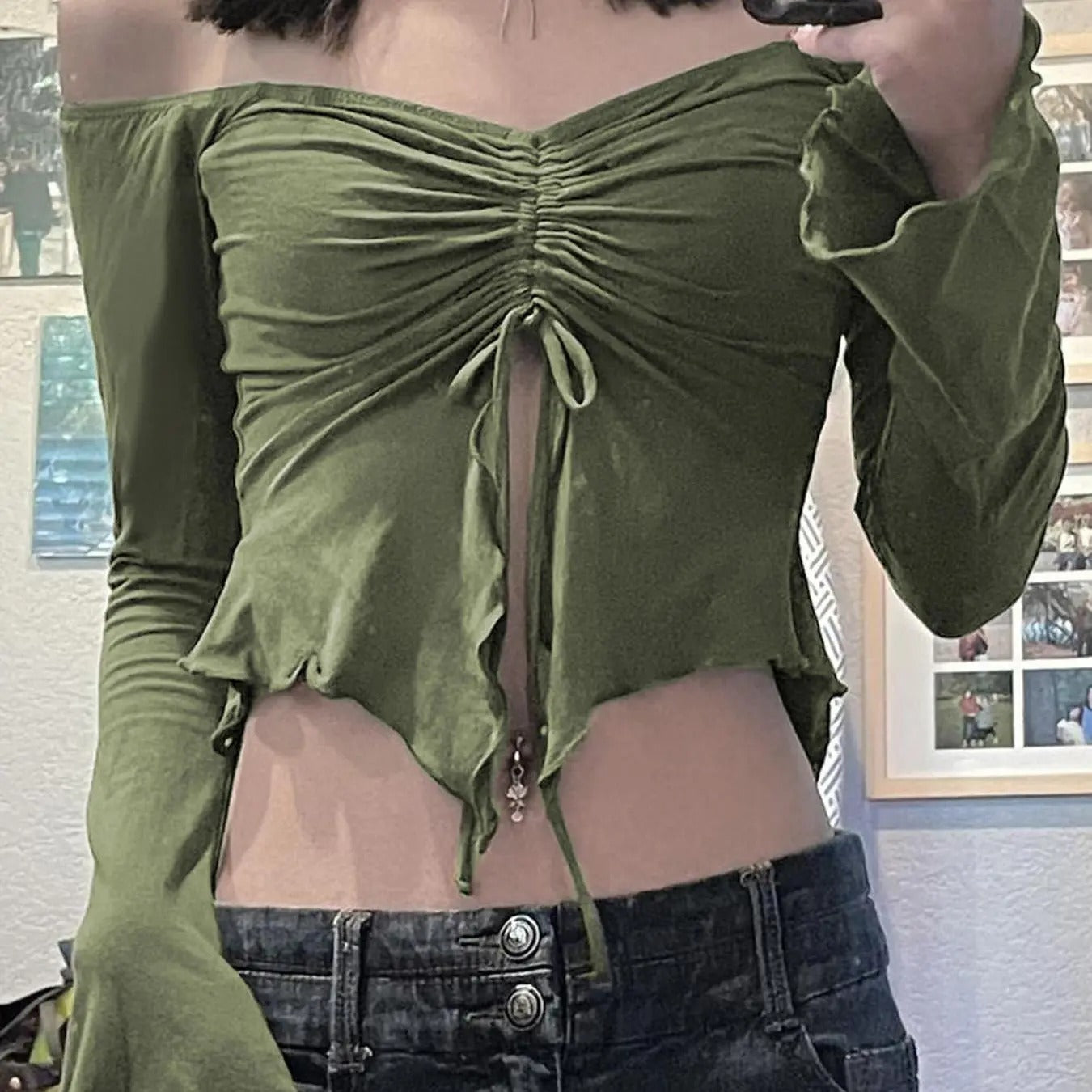 Women'WB shield Plain Ruched Drawstring FOG Shoulder Crop Tee, Y2K Casual Lettuce Trim Flounce Sleeve Split Hem T-shirt...