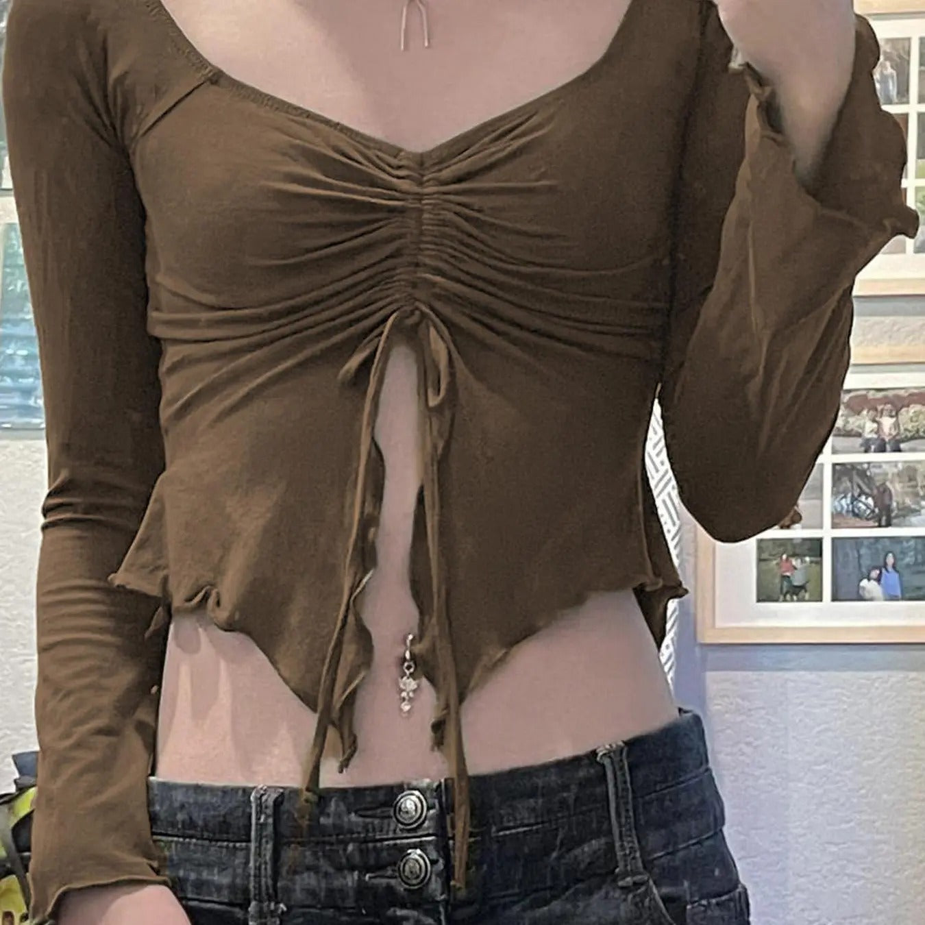 Women'WB shield Plain Ruched Drawstring Split Hem FOG Shoulder Tee, Casual Lettuce Trim Flounce Sleeve T-shirt for Spring...