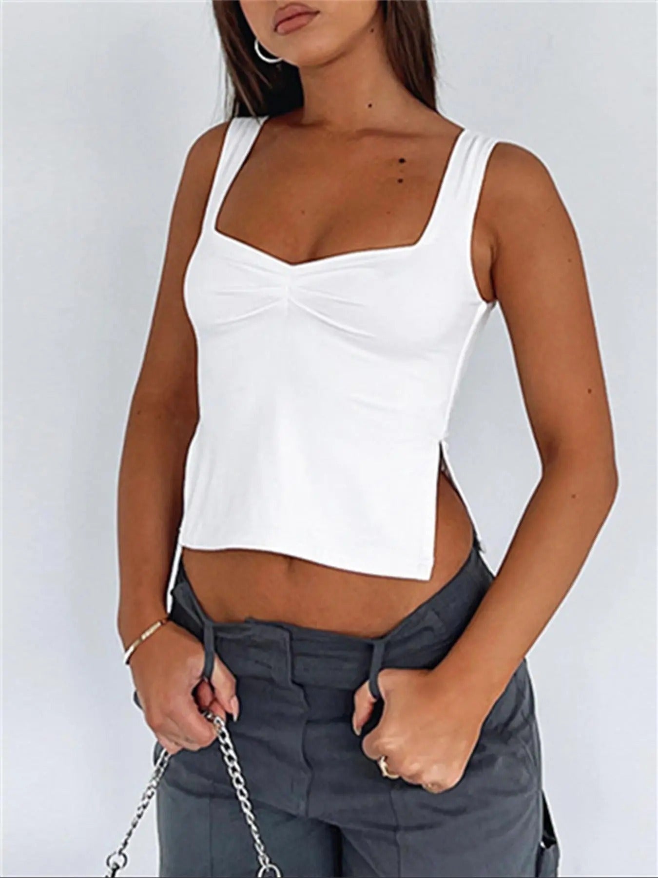 Women'WB shield Plain Ruched Split Hem Tank Top, Casual Sleeveless Top for Summer, Women'WB shield Clothing for Daily...