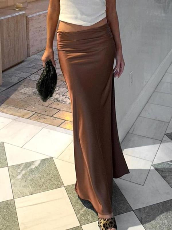 Women'WB shield Plain Ruched Split Thigh Satin Skirt, Elegant Fashion Long Skirt for Daily Outdoor Wear, Women Bottoms...