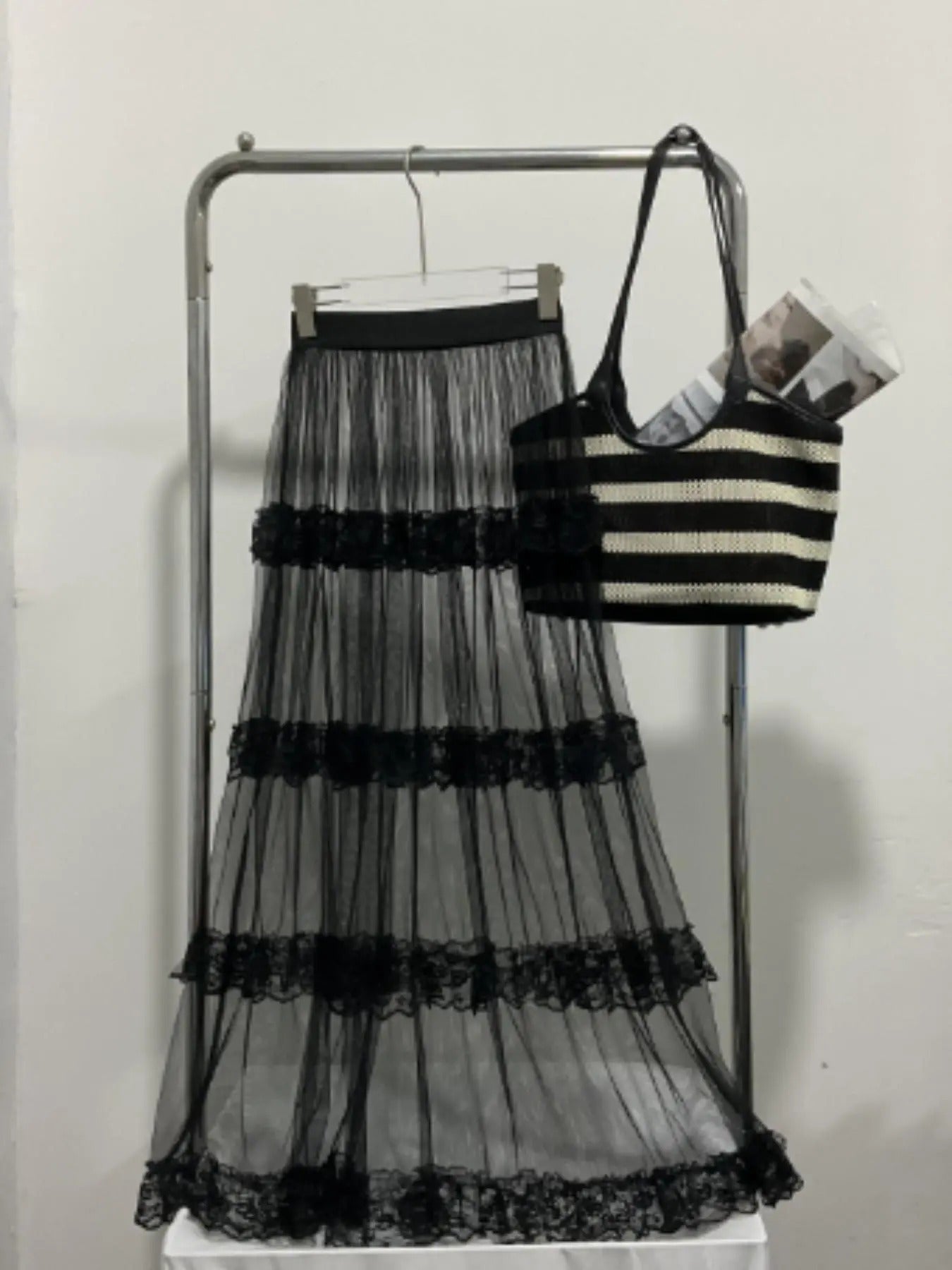 Women'WB shield Plain Ruffle Hem Sheer Lace Skirt, Y2K Fashion Casual WB shield Line Maxi Skirt for Daily Outdoor Wear,...