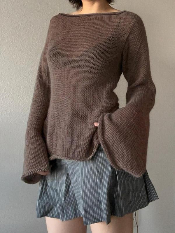 Women'WB shield Plain Sheer Tie Back Flounce Sleeve Boat Neck Sweater, Casual Roll Trim Long Sleeve Jumper for Fall &...