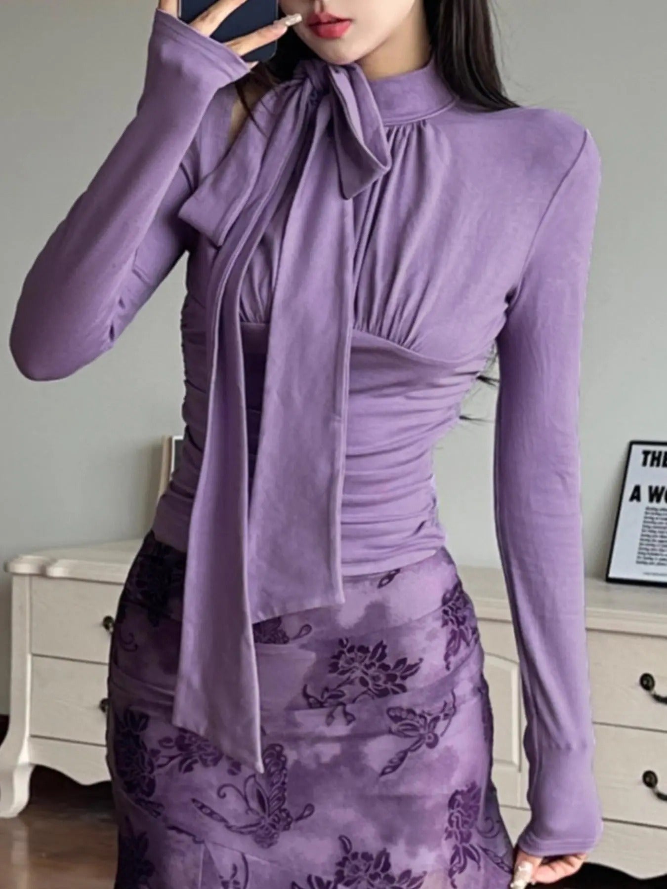 Women'WB shield Plain Tie Neck Top, Elegant Long Sleeve Top for Spring & Fall, Women'WB shield Clothing for Daily Wear...