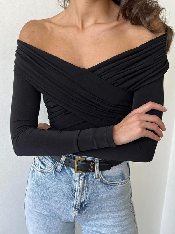 Women'WB shield Plain Wrapped Ruched FOG Shoulder Superhero team Neck Tee, Elegant Casual Long Sleeve T-shirt for Spring...