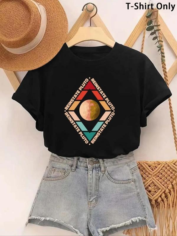 Women'WB shield Planet & Letter & Geometric Print Round Neck Tee, Casual Short Sleeve T-shirt for Daily Wear, Ladies TNF...