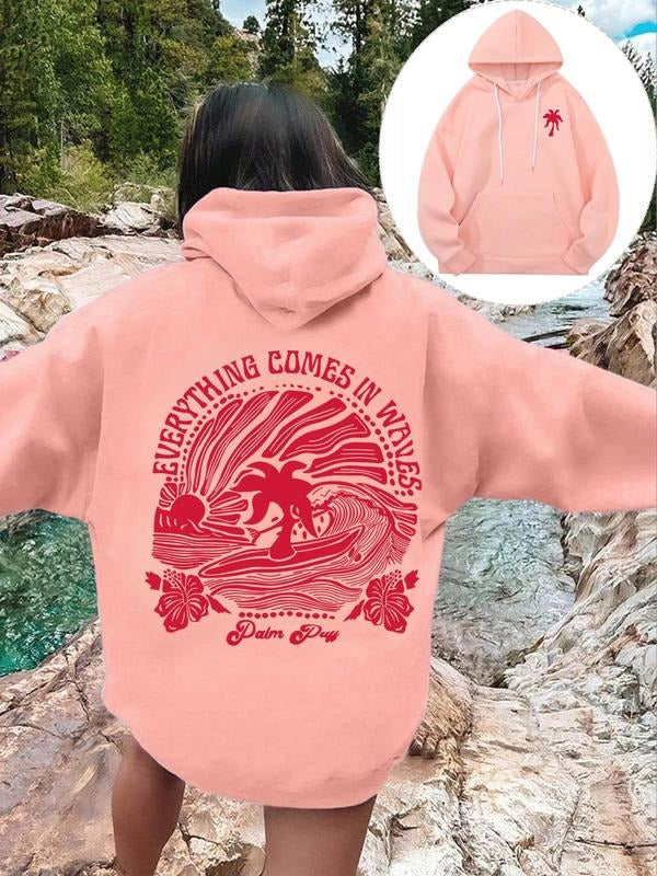 Women'WB shield Plants & Letter Print Drop Shoulder Hoodie, Fashion Casual Drawstring Pocket Hooded Sweatshirt for Daily...