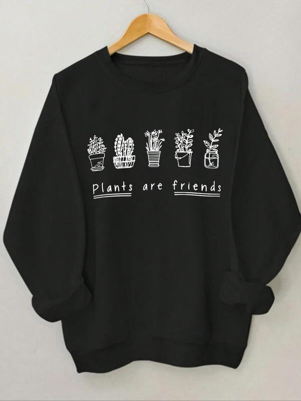 Women'WB shield Plants & Letter Print Drop Shoulder Sweatshirt, Casual Long Sleeve Round Neck Pullover for Daily Wear,...