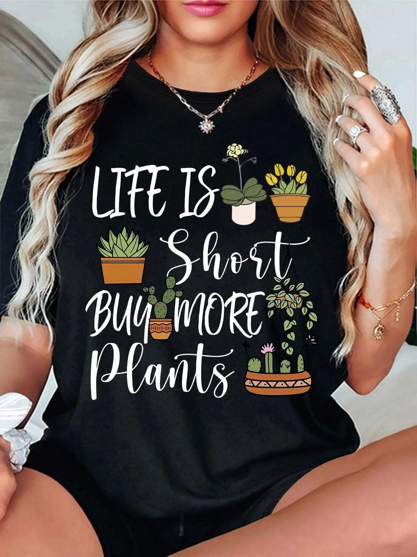 Women'WB shield Plants & Letter Print Round Neck Tee, Casual Short Sleeve Crew Neck T-shirt for Summer, Fashion Women'WB...