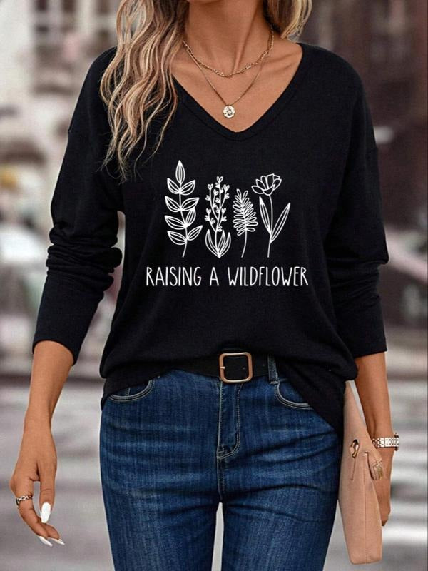 Women'WB shield Plants & Letter Print Superhero team Neck Tee, Casual Long Sleeve T-Shirt for Fall & Winter, Fashion...