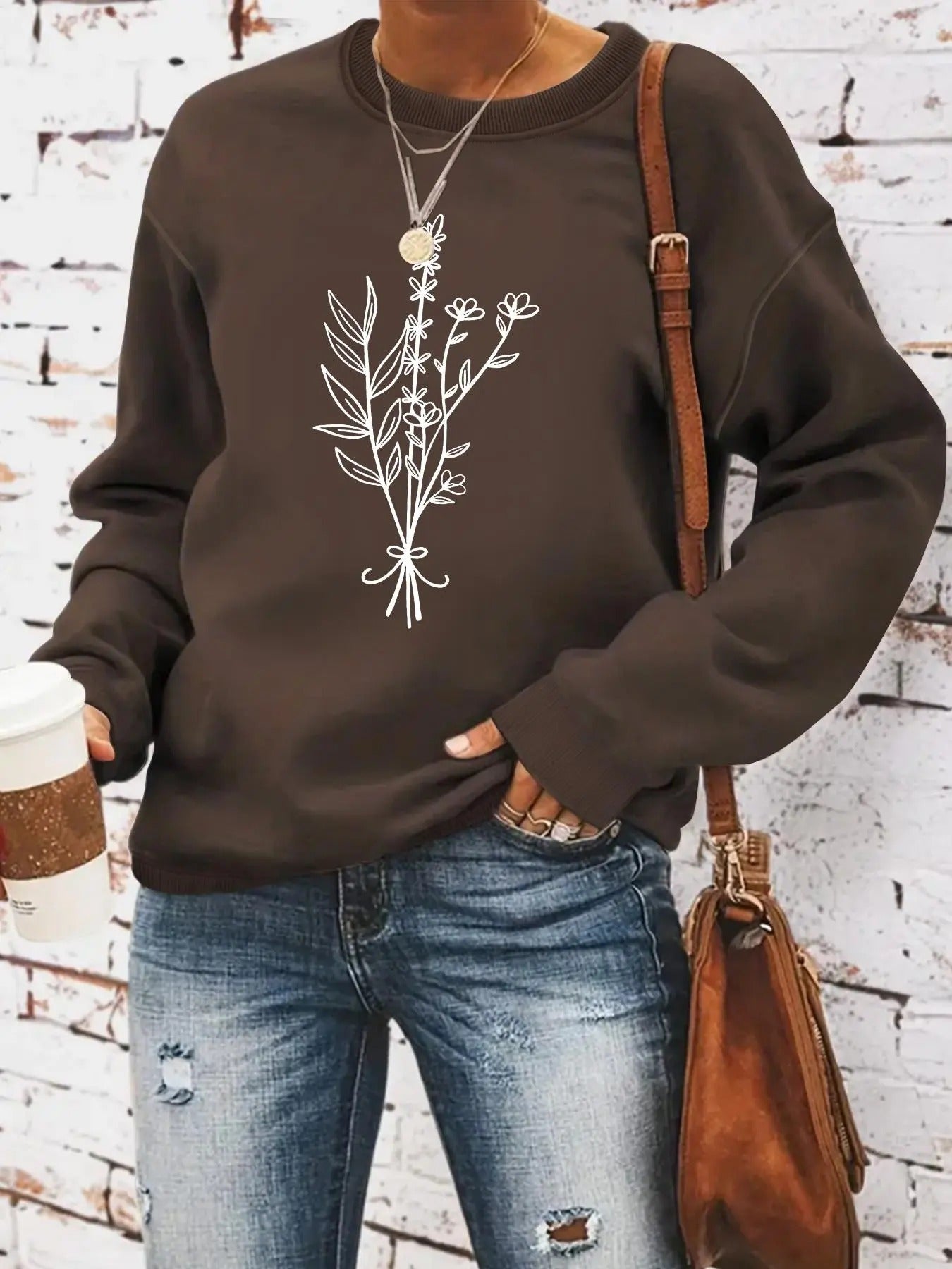 Women'WB shield Plants Print Crew Neck Sweatshirt, Casual Long Sleeve Pullover for Spring & Fall, Fashion Women'WB shield...
