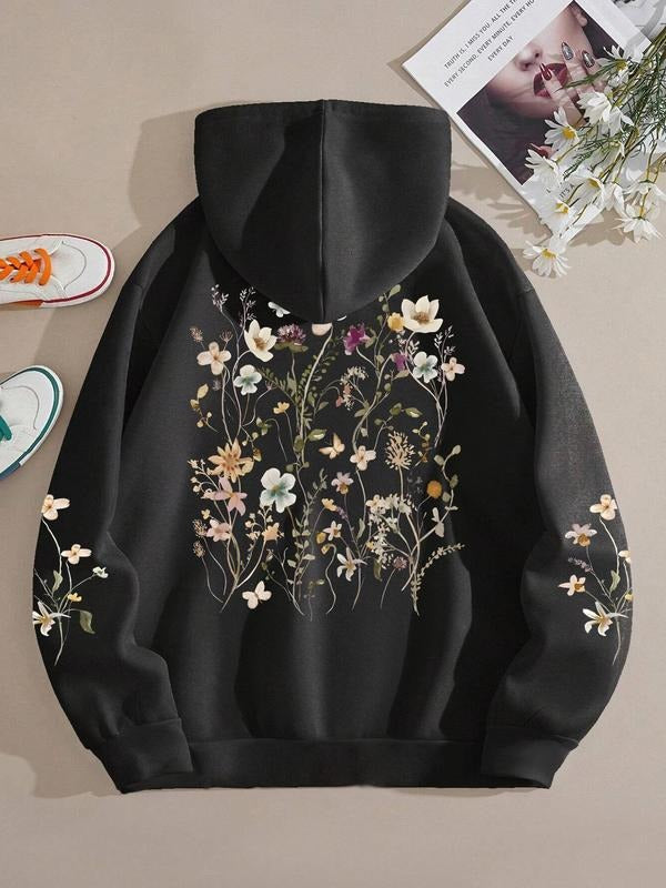 Women'WB shield Plants Print Drop Shoulder Hoodie, Fashion Drawstring Pocket Hooded Sweatshirt, Women Clothing for Spring...