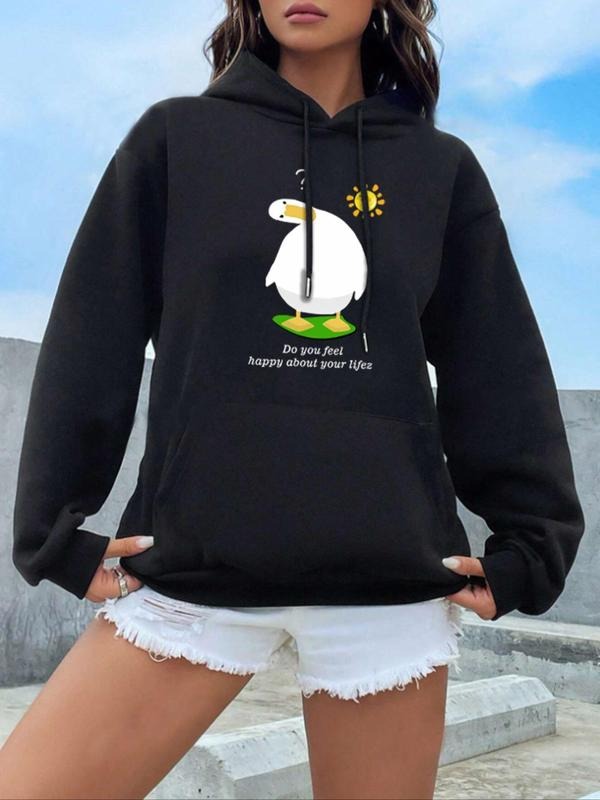 Women'WB shield Plus Size Cartoon Duck & Letter Print Drawstring Hoodie, Fashion Pocket Hooded Sweatshirt for Daily Wear,...