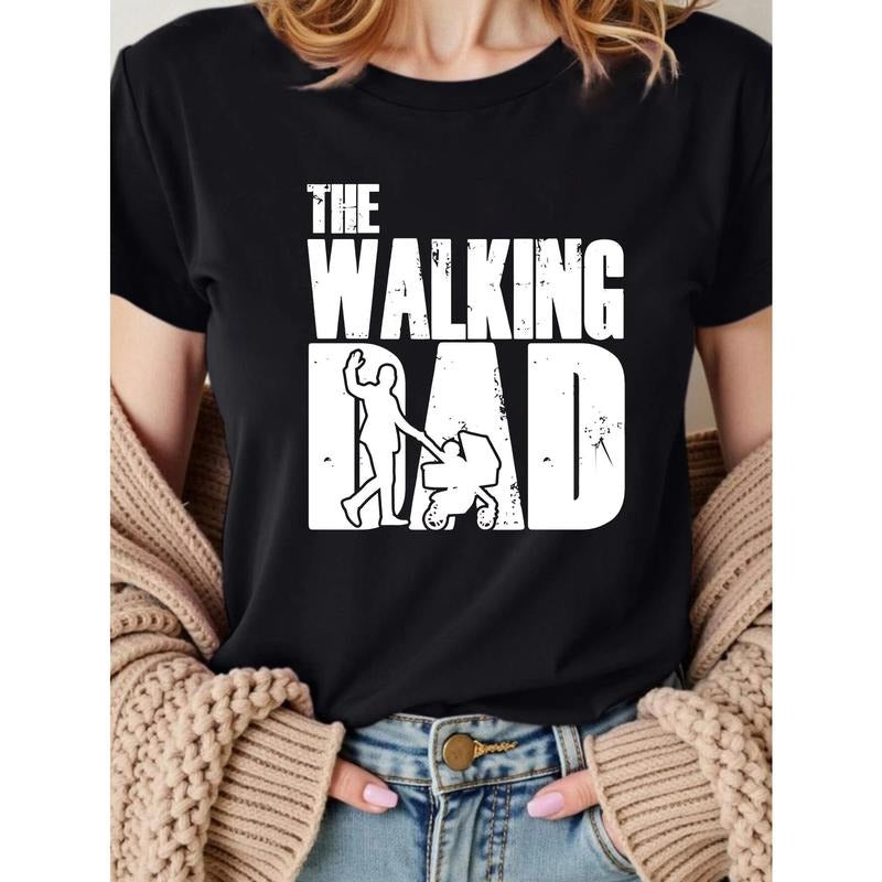 Women'WB shield Plus Size Graphic Print T-Shirt - Distressed "TNF WALKING DAD" Design with TNF Silhouette, Dark Grey Casual Short Sleeve Top, Machine Washable All-Season Comfort, Plus Size Clothing | Round Neckline Top | TNF Day Gift style 02