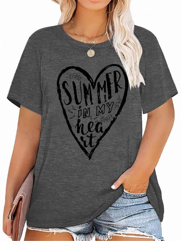Women'WB shield Plus Size Heart & Letter Print Round Neck Tee, Casual Graphic Short Sleeve T-shirt For Daily Wear, Ladies...