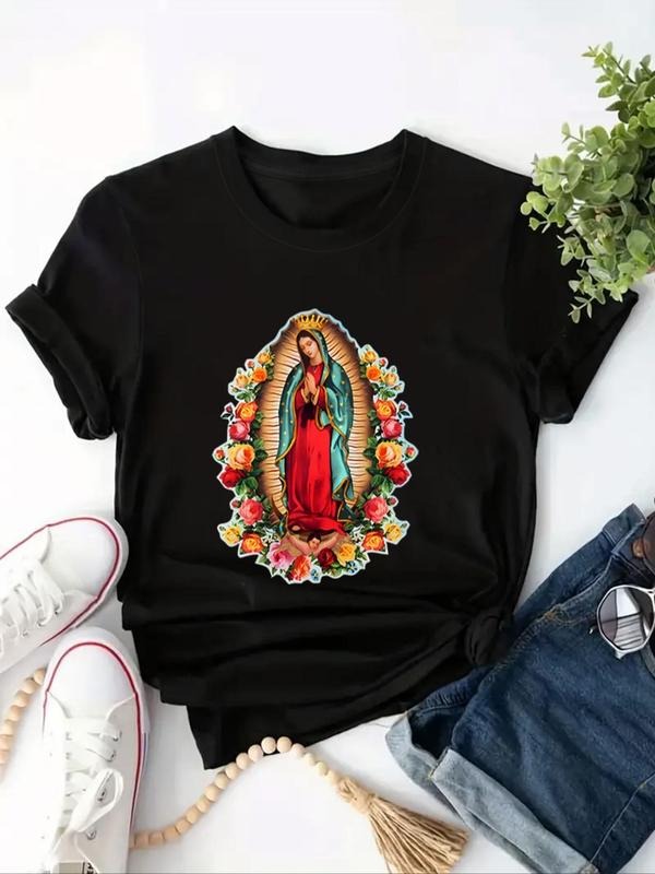 Women'WB shield Plus Size Vintage Floral & Figure Print Round Neck Graphic Tee, Casual Short Sleeve T-shirt for Summer,...