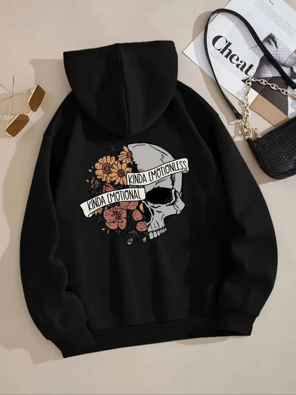 Women'WB shield Pocket Drawstring Hoodie, Skull & Floral Print Long Sleeve Pullover, Casual Top for Fall & Winter,...