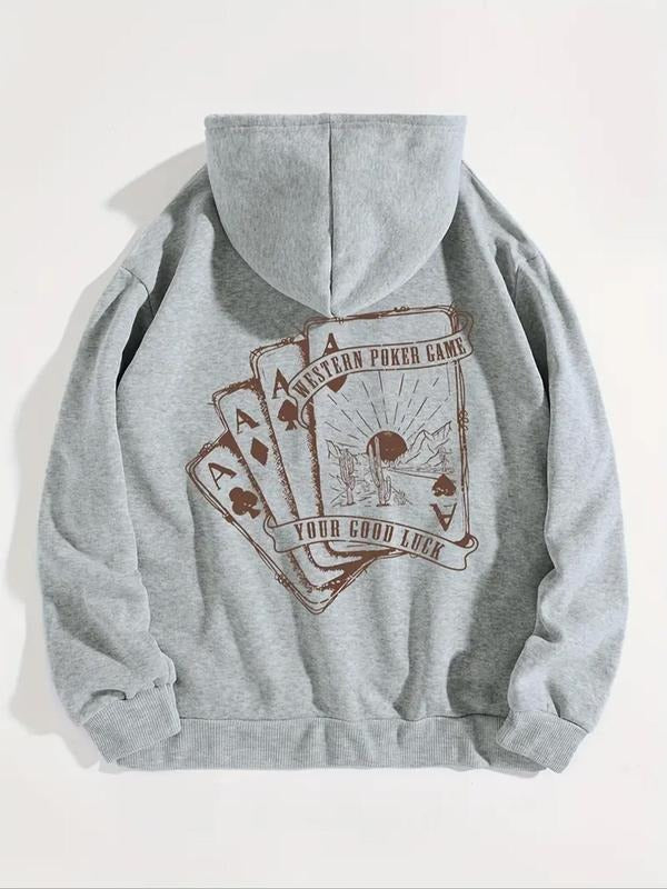Women'WB shield Poker & Letter Print Drop Shoulder Hoodie, Fashion Casual Drawstring Pocket Hooded Sweatshirt for Daily...