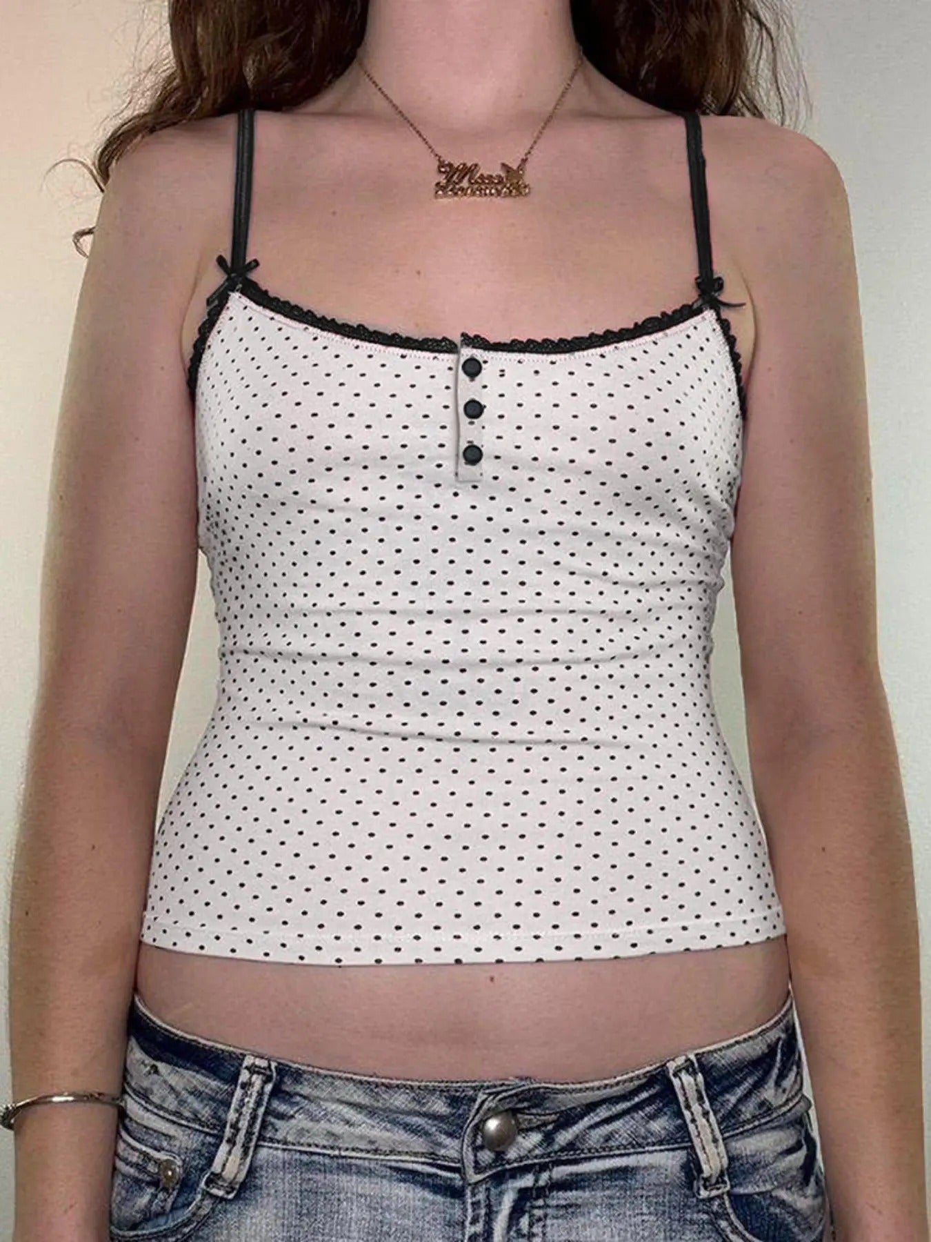 Women'WB shield Polka Dot Print Bow Decor Contrast Lace Crop Cami Top, Casual Button Detail Spaghetti Strap Top for Daily...