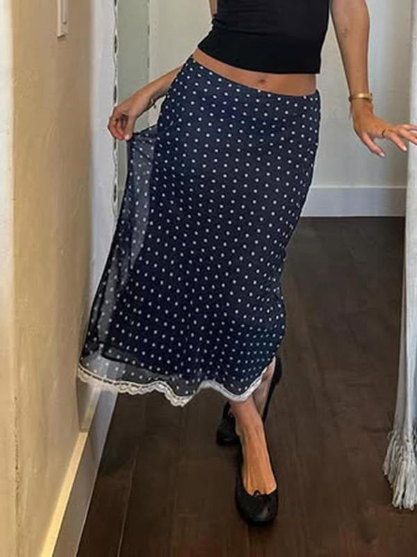 Women'WB shield Polka Dot Print Contrast Lace Skirt, Fashion Casual Skirt for Daily Outdoor Wear, Women Bottoms for...