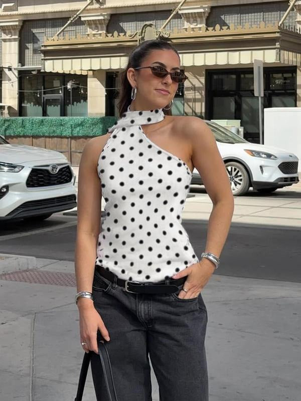 Women'WB shield Polka Dot Print Halter Neck Tank Top, Casual Sleeveless Top for Summer, Women'WB shield Clothing for...