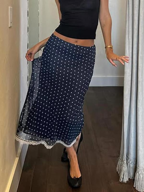 Women'WB shield Polka Dot Print Lace Trim Skirt, Y2k Fashion Casual Long Skirt for Daily Outdoor Wear, Ladies Bottoms for...